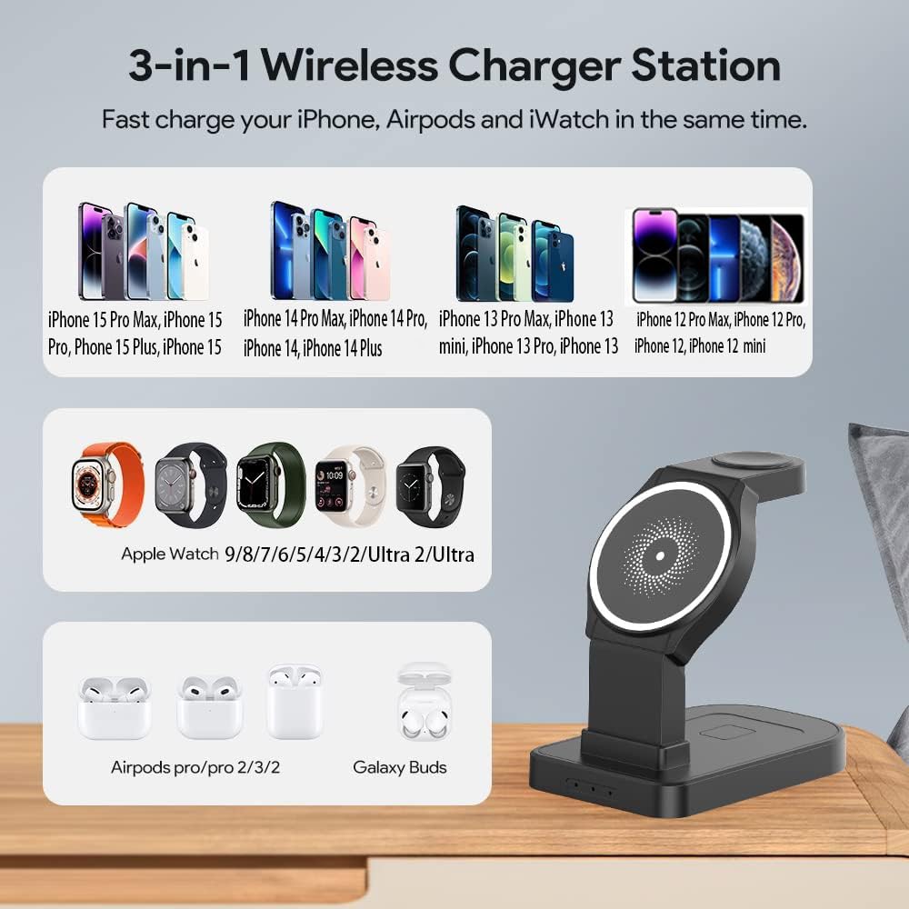Estación de carga inalámbrica MagSafe, CYFIBYNO 3 en 1 para iPhone 16/15/14/13/12/Pro/Max, base de carga inalámbrica rápida para Apple Watch y Airpods