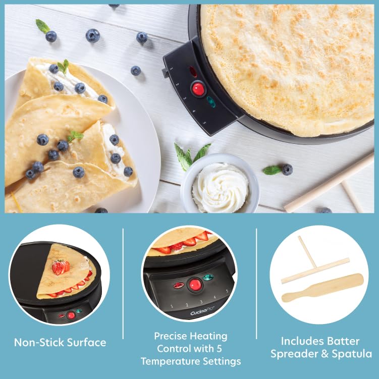 12" Griddle & Crepe Maker, Non-Stick Electric Crepe Pan w Batter Spreader & Recipe Guide- Dual Use Hot Plate for Blintzes, Eggs, Pancakes- Portable, Adjustable Temperature Settings - Breakfast Gift