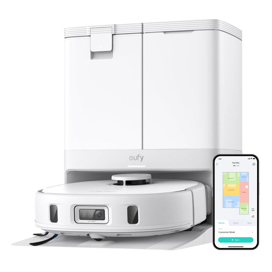 Robot aspirador y fregona eufy X10 Pro Omni, succión de 8000 Pa, mopas dobles con elevación automática de 12 mm y detección de alfombras, sistema de prevención de obstáculos con IA, fregona automática, secado automático, vaciado automático, color blanco