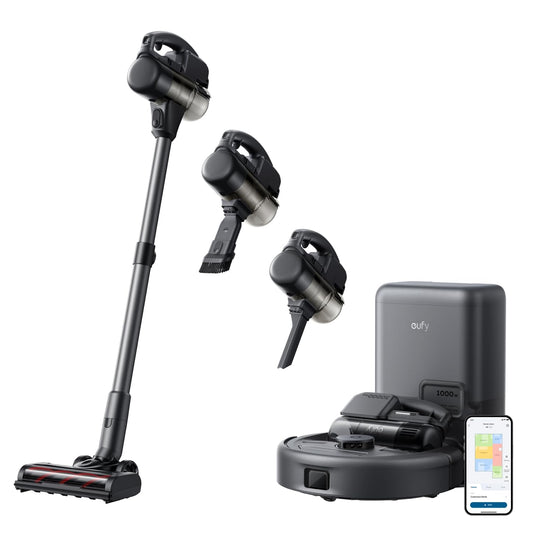 Robot aspirador 3 en 1 eufy E20, autovaciado hasta 10 semanas, potencia máxima de 30 000 Pa, versátil combinación de aspiradora de mano y de varilla, sistema inteligente para evitar obstáculos, desenredante, ideal para alfombras, grietas y escaleras.