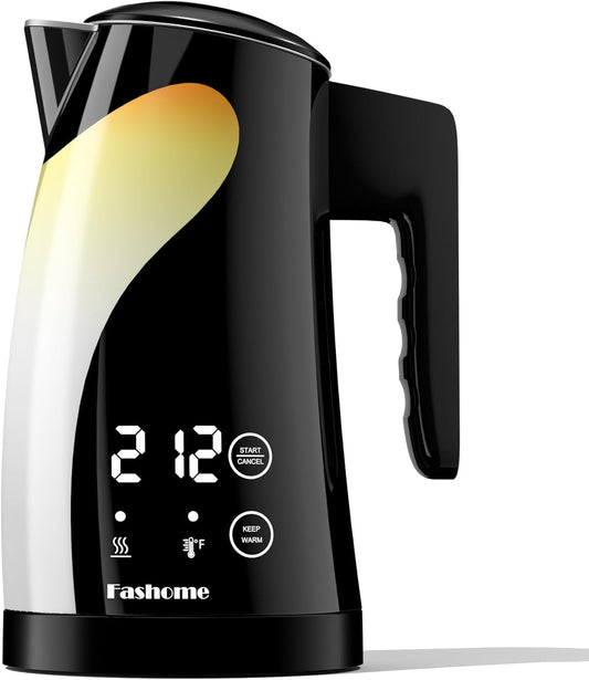 Hervidor eléctrico Fashome, 5 ajustes de temperatura, interior de acero inoxidable 304, función de mantenimiento del calor, apagado automático, 1200 W, tacto frío, base giratoria de 360°, pantalla digital, diseño de pingüino, color negro, 1,25 L