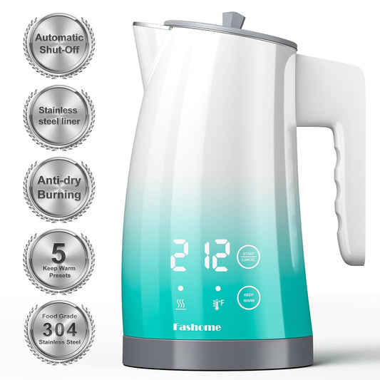 Hervidor eléctrico con control de temperatura, interior de acero inoxidable 304, sin BPA, de doble pared, 1,25 L, 1200 W, apagado automático y protección contra ebullición en seco, base inalámbrica (KCK02F)