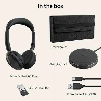 Jabra Evolve2 65 Flex Stereo Headset with Bluetooth, Wireless Charging Pad - Noise-Cancelling ClearVoice Technology & Hybrid Active Noise Cancellation - Works with Leading UC Platforms - Black