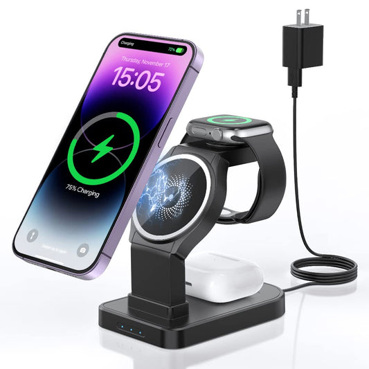Estación de carga inalámbrica MagSafe, CYFIBYNO 3 en 1 para iPhone 16/15/14/13/12/Pro/Max, base de carga inalámbrica rápida para Apple Watch y Airpods