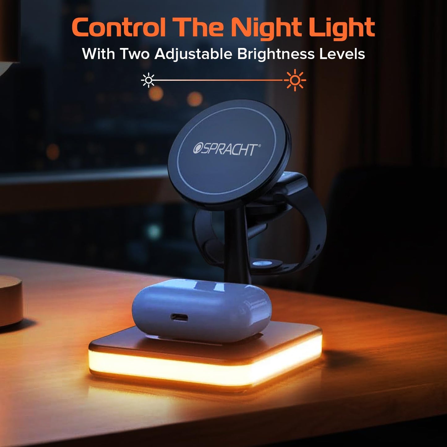 Spracht Flex Charge 4, base de carga inalámbrica 4 en 1 | Cargador rápido de 25 W, conexión magnética - Compatible con smartphones, relojes, auriculares y dispositivos compatibles con Qi | Luz nocturna, base de carga magnética (negro)