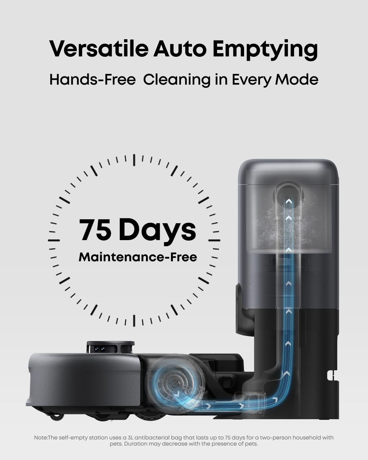 Robot aspirador 3 en 1 eufy E20, autovaciado hasta 10 semanas, potencia máxima de 30 000 Pa, versátil combinación de aspiradora de mano y de varilla, sistema inteligente para evitar obstáculos, desenredante, ideal para alfombras, grietas y escaleras.