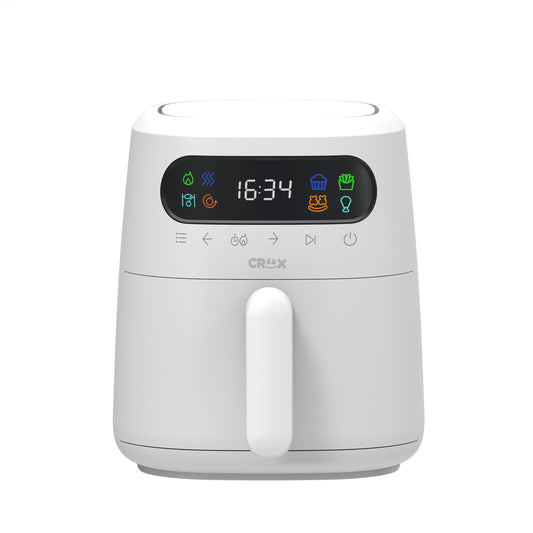 Freidora de aire digital CRUX x Marshmello de 3.0 cuartos con tecnología TurboCrisp, control de temperatura con pantalla táctil, temporizador y apagado automático, totalmente programable, moldes de silicona para cupcakes incluidos, color blanco