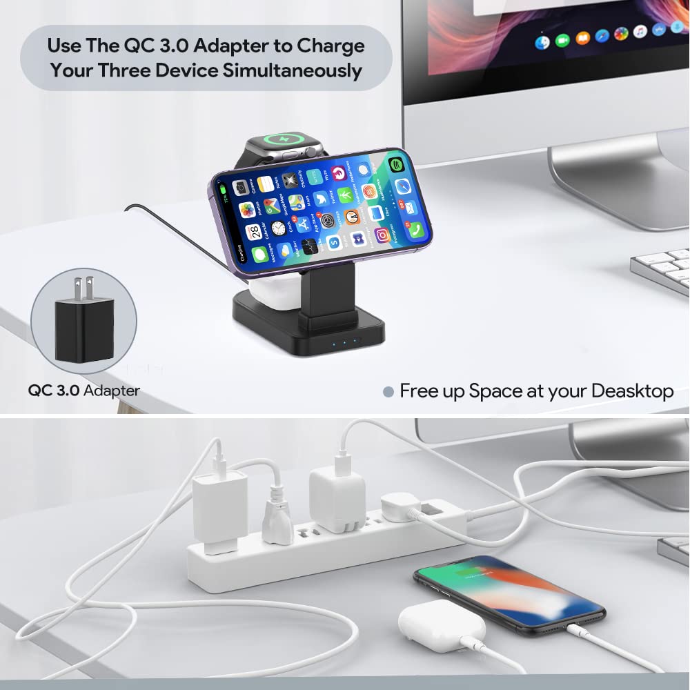 Estación de carga inalámbrica MagSafe, CYFIBYNO 3 en 1 para iPhone 16/15/14/13/12/Pro/Max, base de carga inalámbrica rápida para Apple Watch y Airpods
