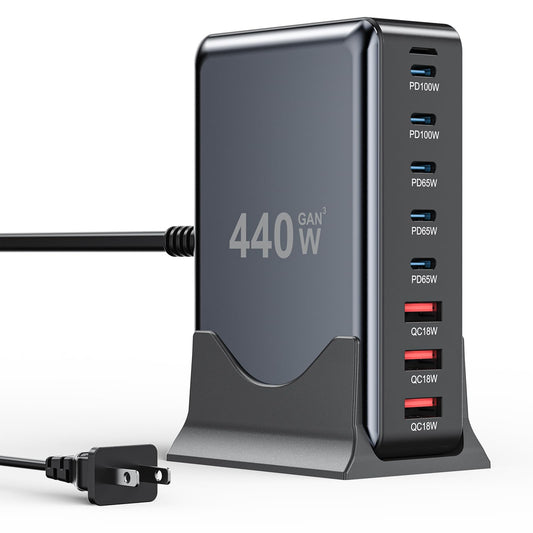 Cargador USB C de 440 W, estación de carga, concentrador de 8 puertos GaN III con cable de extensión de 1,5 m, adaptador de corriente PD QC PPS de 100 W para MacBook Pro/Air, iPhone 16/15, Samsung Galaxy, Dell, etc.