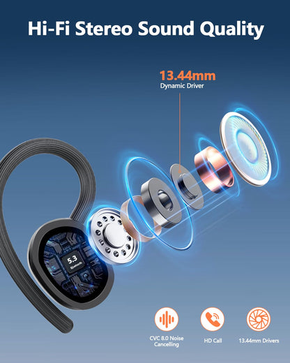 Auriculares inalámbricos deportivos con Bluetooth 5.3 y 128 horas de duración, con micrófono con cancelación de ruido ENC, estéreo de graves, resistentes al agua IP7 y con gancho para las orejas para fitness y running.