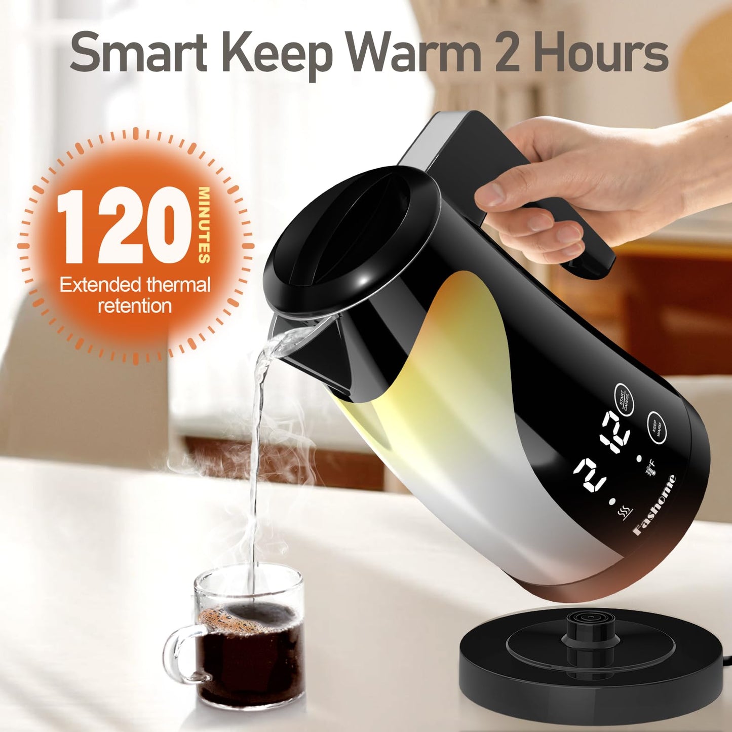 Fashome Electric Kettle, 5 Temperature Presets, 304 Stainless Steel Interior, Keep Warm, Auto Shut-Off, 1200W, Cool-Touch, 360° Rotating Base, Digital Display, Cute Penguin Design, Black, 1.25L