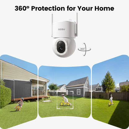 Cámaras de seguridad inalámbricas AOSU para exteriores: cámara de 3K/5 MP con energía solar, foco de 400 lúmenes, visión panorámica de 360°, visión nocturna, wifi 2.4G, seguimiento automático y detección de personas, vehículos y mascotas con IA.