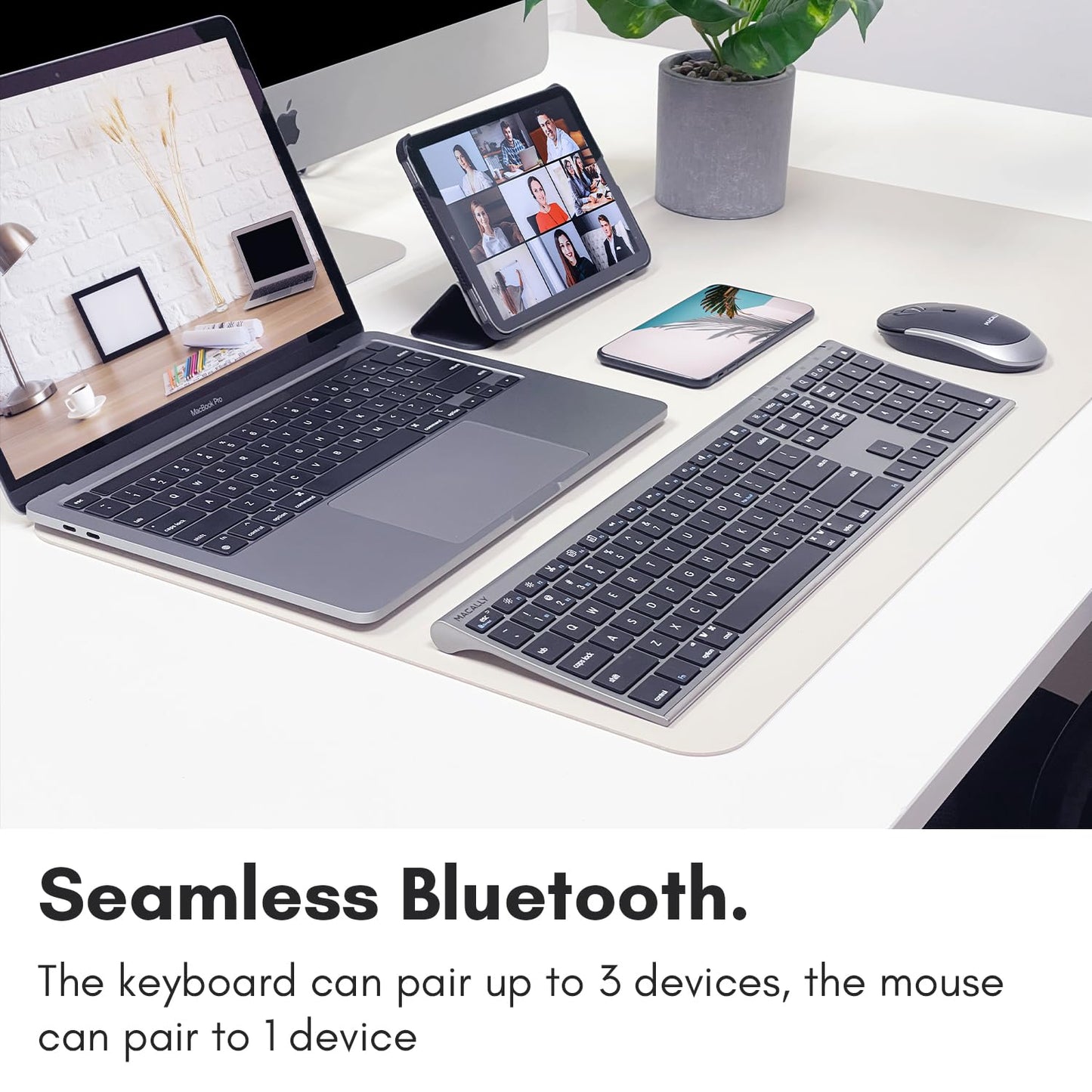 Teclado y ratón Bluetooth premium Macally para Mac | Combo de teclado y ratón inalámbricos compatibles con Apple (110 teclas, recargables para múltiples dispositivos) para MacBook Pro/Air e iMac - Gris espacial