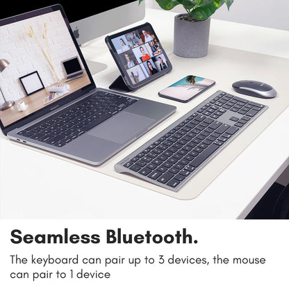 Teclado y ratón Bluetooth premium Macally para Mac | Combo de teclado y ratón inalámbricos compatibles con Apple (110 teclas, recargables para múltiples dispositivos) para MacBook Pro/Air e iMac - Gris espacial