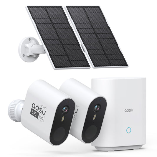 AOSU 3K/5MP Solar Security Cameras Wireless Outdoor, Ultra-Wide-Angle, Cam-to-Cam Track & Sync, Home Security System with Color Night Vision, Spotlight Smart Alarm, No Subscription, 2.4G & 5G WiFi