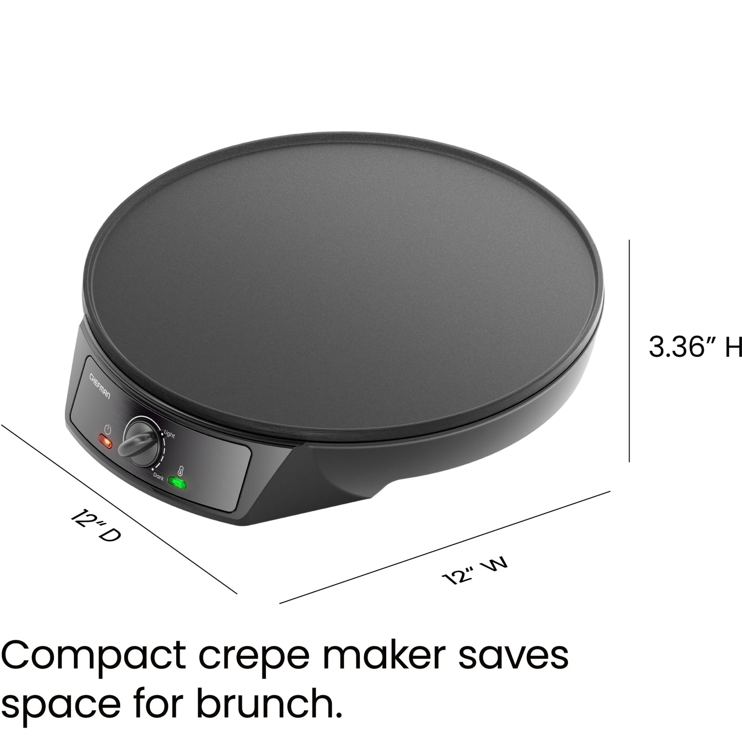 Crepera eléctrica CHEFMAN: Control preciso de temperatura, plancha antiadherente de 30 cm, perfecta para crepas, tortillas, blintzes, panqueques, waffles, huevos y tocino. Incluye espátula y espátula para masa, color negro.