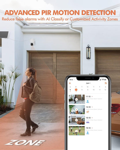 Dzees Solar Security Cameras Wireless Outdoor, 2K Battery Powered Security Camera, 360° PTZ Camera with Spotlight, Siren, Color Night Vision, AI Dectection, IP66 for Home Security, 2.4GHz 2-Pack