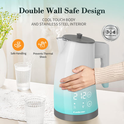 Hervidor eléctrico con control de temperatura, interior de acero inoxidable 304, sin BPA, de doble pared, 1,25 L, 1200 W, apagado automático y protección contra ebullición en seco, base inalámbrica (KCK02F)