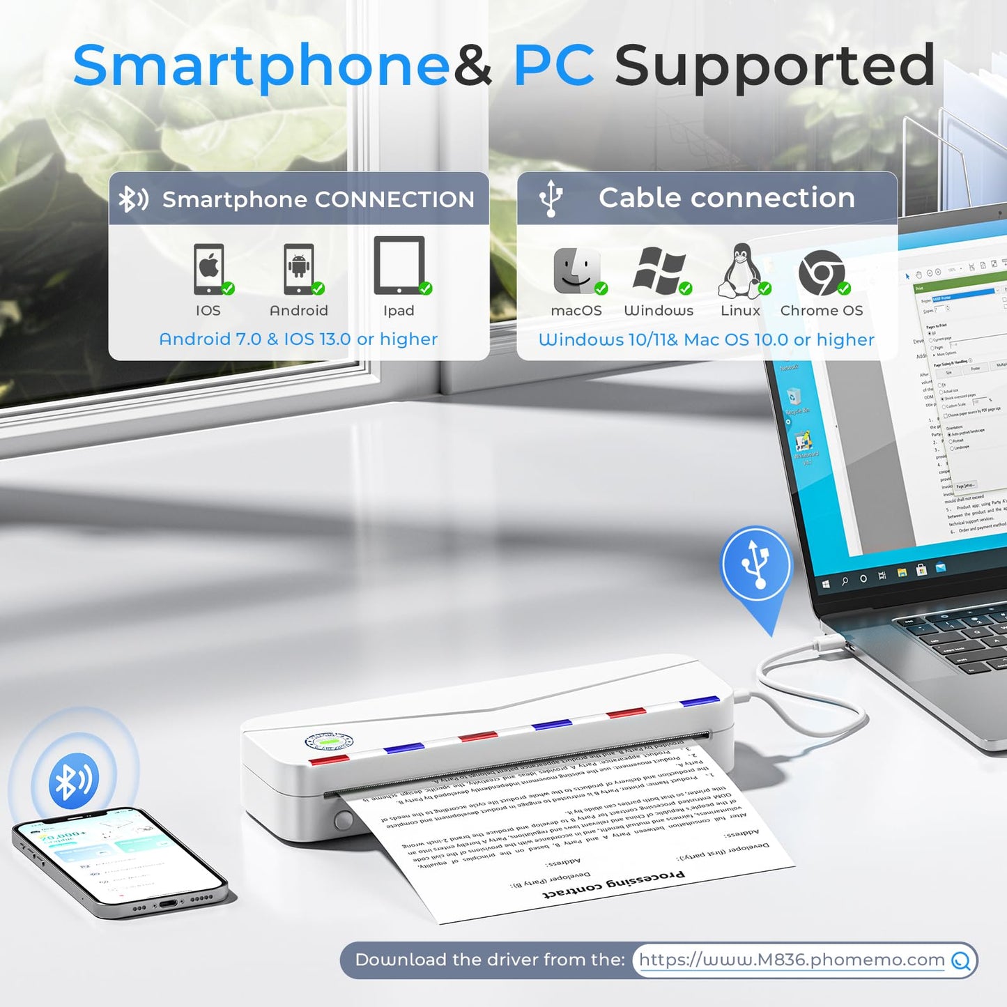 Impresora térmica portátil Phomemo - Impresora portátil inalámbrica para viajes, compatible con tamaños Carta (EE. UU.) y A4 (8,5 x 11 pulgadas), impresora sin tinta Bluetooth M836 para uso doméstico, compatible con iPhone y portátil, 1 rollo de papel.