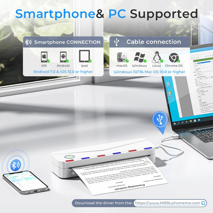 Impresora térmica portátil Phomemo - Impresora portátil inalámbrica para viajes, compatible con tamaños Carta (EE. UU.) y A4 (8,5 x 11 pulgadas), impresora sin tinta Bluetooth M836 para uso doméstico, compatible con iPhone y portátil, 1 rollo de papel.