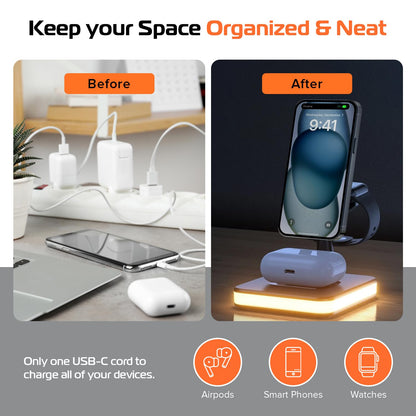 Spracht Flex Charge 4, base de carga inalámbrica 4 en 1 | Cargador rápido de 25 W, conexión magnética - Compatible con smartphones, relojes, auriculares y dispositivos compatibles con Qi | Luz nocturna, base de carga magnética (negro)