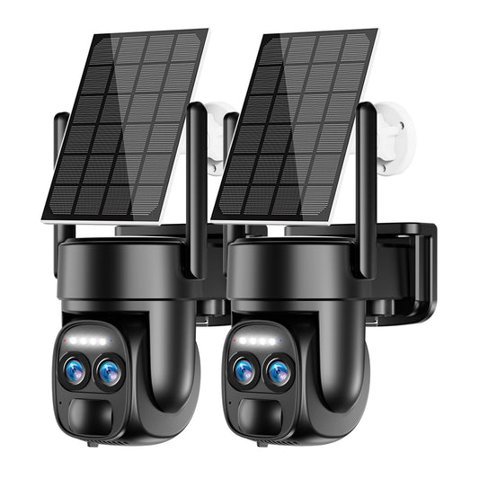 Cámara de seguridad solar Uniter 4K inalámbrica para exteriores, WiFi 2.4G y 5G, PTZ de 360° para el hogar con visión nocturna a color, sirena de foco, sensor PIR, detección de movimiento y seguimiento automático (paquete de 2)