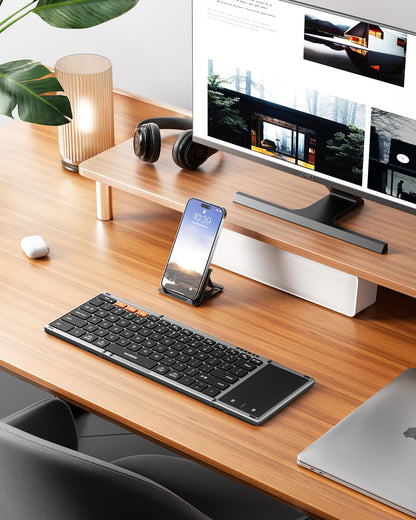 Teclado Bluetooth plegable Samsers con panel táctil, teclado inalámbrico plegable de tamaño completo con cuero sintético, teclado de viaje portátil para iOS, Android, Windows y Mac OS, compatible con 3 dispositivos (BT5.1 x 3)