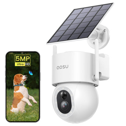 Cámaras de seguridad inalámbricas AOSU para exteriores: cámara de 3K/5 MP con energía solar, foco de 400 lúmenes, visión panorámica de 360°, visión nocturna, wifi 2.4G, seguimiento automático y detección de personas, vehículos y mascotas con IA.