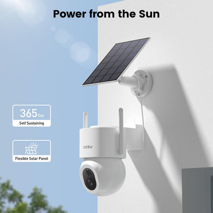 Cámaras de seguridad inalámbricas AOSU para exteriores: cámara de 3K/5 MP con energía solar, foco de 400 lúmenes, visión panorámica de 360°, visión nocturna, wifi 2.4G, seguimiento automático y detección de personas, vehículos y mascotas con IA.