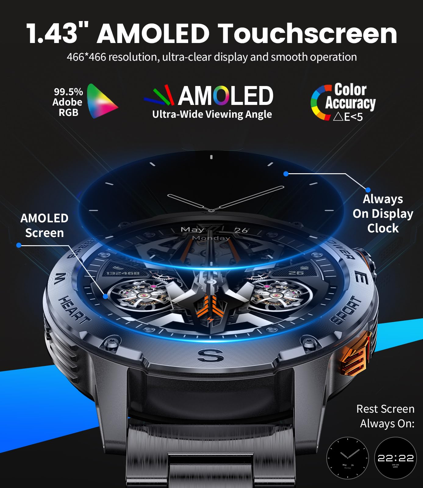 FOXBOX Military Smart Watch for Men(Answer/Dial Calls), 1.43'' AMOLED Fitness Smartwatch with 460mAh Battery, Blood Oxygen, Heart Rate and Sleep Monitor Compatible with iOS Android Phones