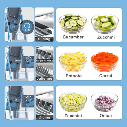 Vegetable Chopper with Adjustable Thickness - Safe Mandoline Food Slicer for Kitchen, Multifunctional Veggie Chopper Vegetable Cutter Slicer Dicer, All in 1, can Slice, Shred -Blue