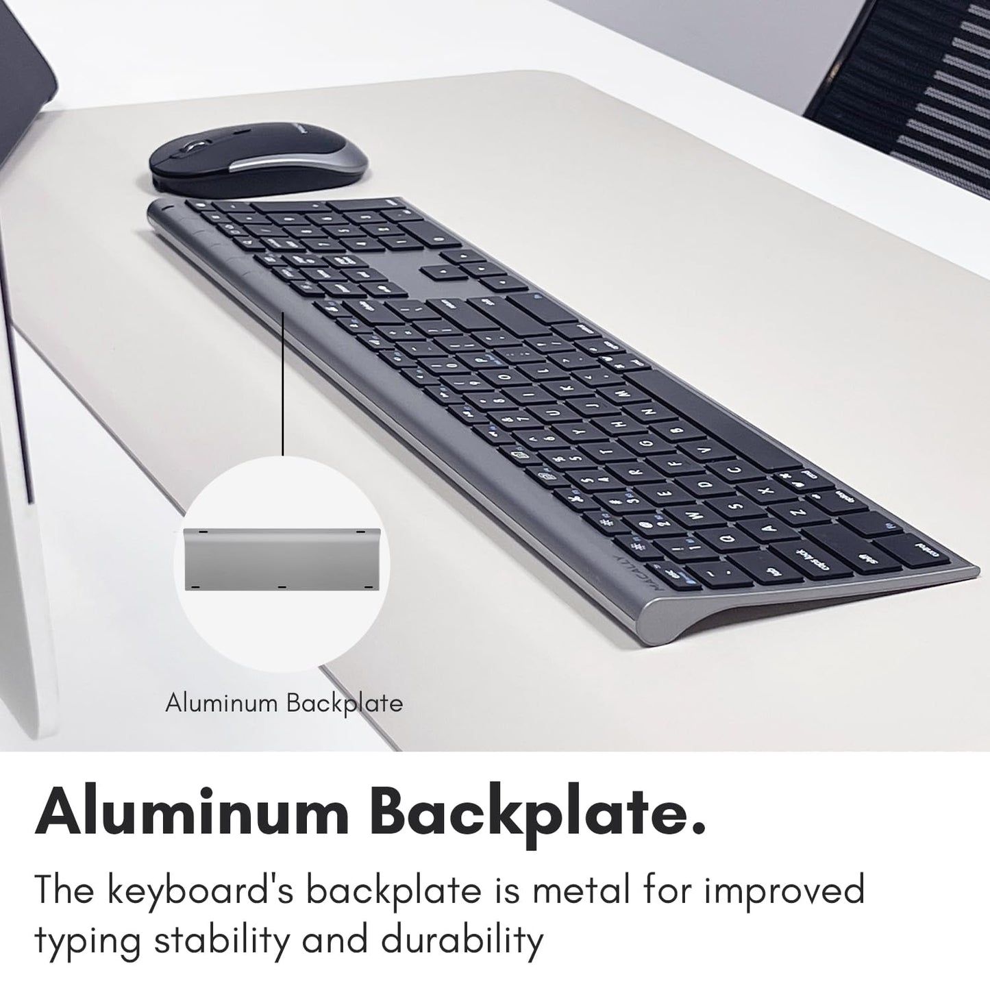 Teclado y ratón Bluetooth premium Macally para Mac | Combo de teclado y ratón inalámbricos compatibles con Apple (110 teclas, recargables para múltiples dispositivos) para MacBook Pro/Air e iMac - Gris espacial