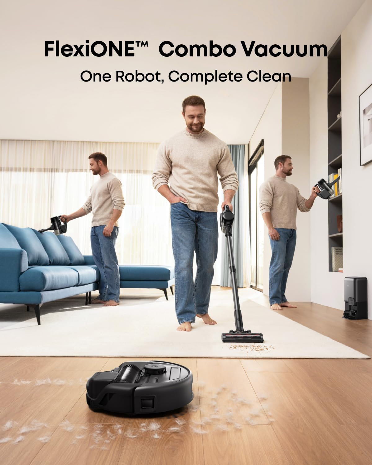 Robot aspirador 3 en 1 eufy E20, autovaciado hasta 10 semanas, potencia máxima de 30 000 Pa, versátil combinación de aspiradora de mano y de varilla, sistema inteligente para evitar obstáculos, desenredante, ideal para alfombras, grietas y escaleras.