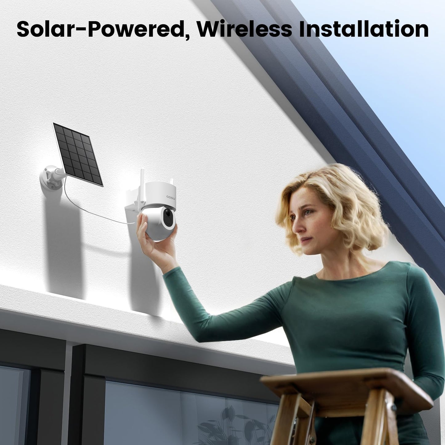 Cámaras de seguridad inalámbricas AOSU para exteriores: cámara de 3K/5 MP con energía solar, foco de 400 lúmenes, visión panorámica de 360°, visión nocturna, wifi 2.4G, seguimiento automático y detección de personas, vehículos y mascotas con IA.