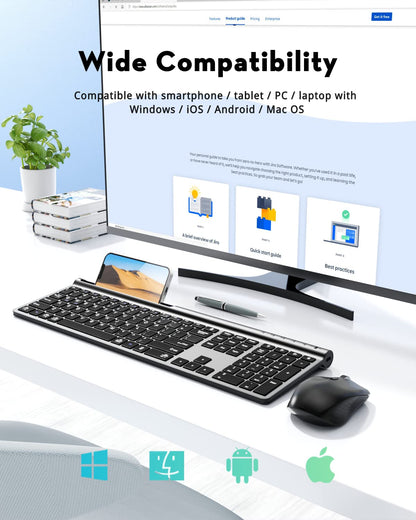 Combo de teclado y mouse inalámbricos Samsers, ultradelgados, recargables, de modo dual (Bluetooth 5.0x2 + 2.4G), silenciosos, diseño compacto de tamaño completo para múltiples dispositivos, compatible con MacOS/iOS/Android/Windows.