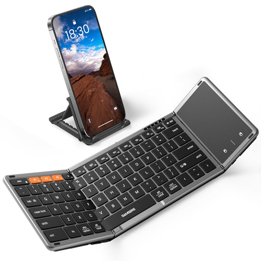 Teclado Bluetooth plegable Samsers con panel táctil, teclado inalámbrico plegable de tamaño completo con cuero sintético, teclado de viaje portátil para iOS, Android, Windows y Mac OS, compatible con 3 dispositivos (BT5.1 x 3)