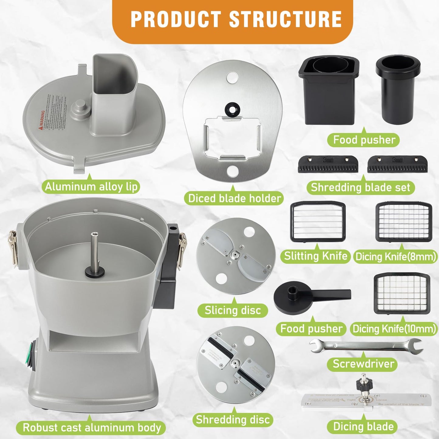 4 in 1 Electric Vegetable Chopper Adjustable Thickness Mandoline Slicer＆Dicer Suitable for Shredding Onions can be French Fry Cutter Veggie Processor with Multi Stainless Steels Blades 110V