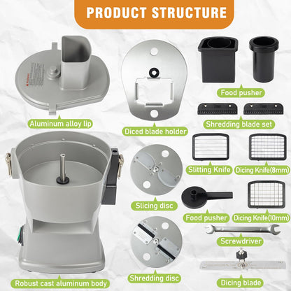 4 in 1 Electric Vegetable Chopper Adjustable Thickness Mandoline Slicer＆Dicer Suitable for Shredding Onions can be French Fry Cutter Veggie Processor with Multi Stainless Steels Blades 110V