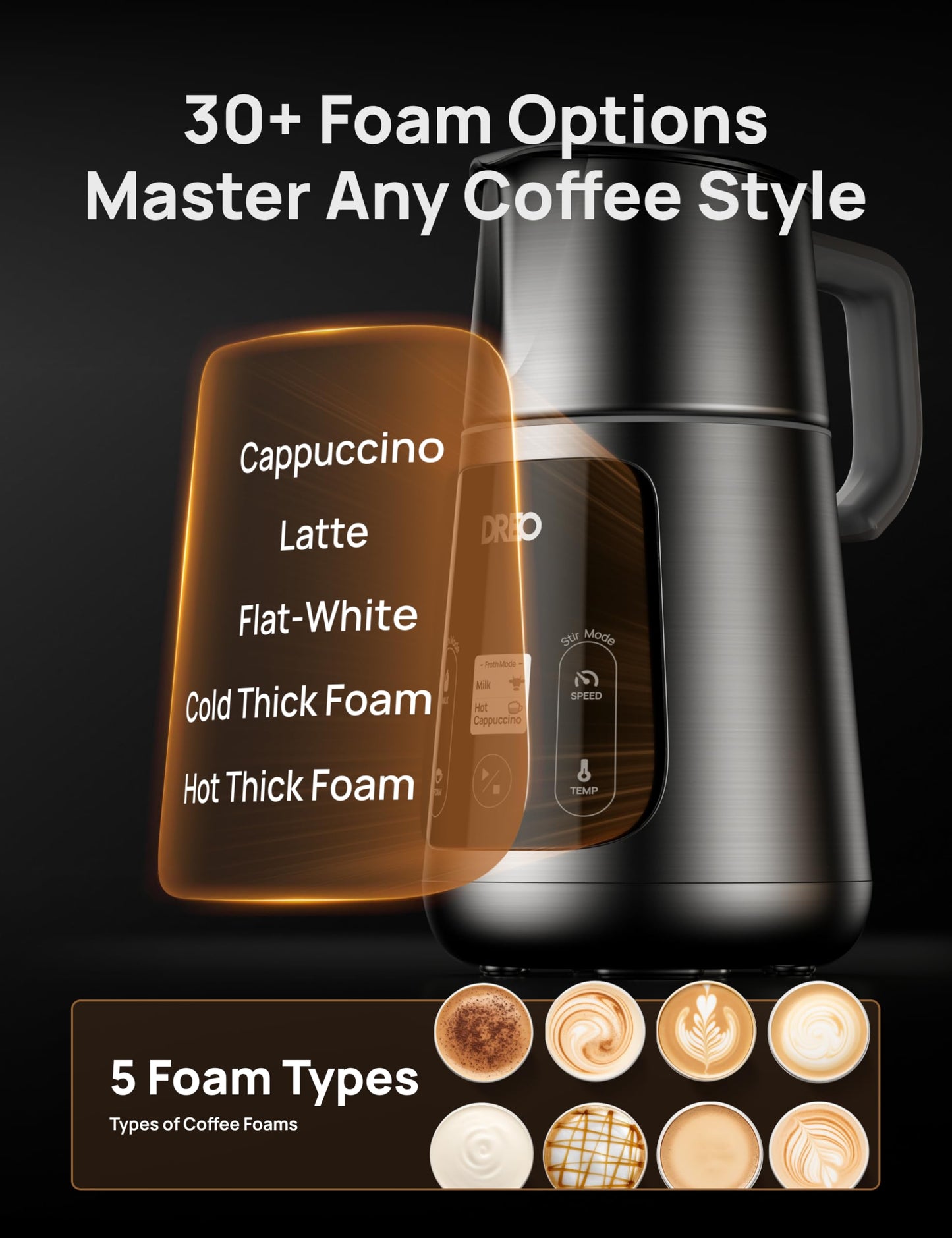 Dreo All-in-1 BaristaMaker Milk Frother, Electric Foam Frother for Latte Art Microfoam and Coffee, 15oz/450ml Automatic Milk Warmer with 30 Drinks, Dishwasher Safe, Dairy/Plant-Based Milk