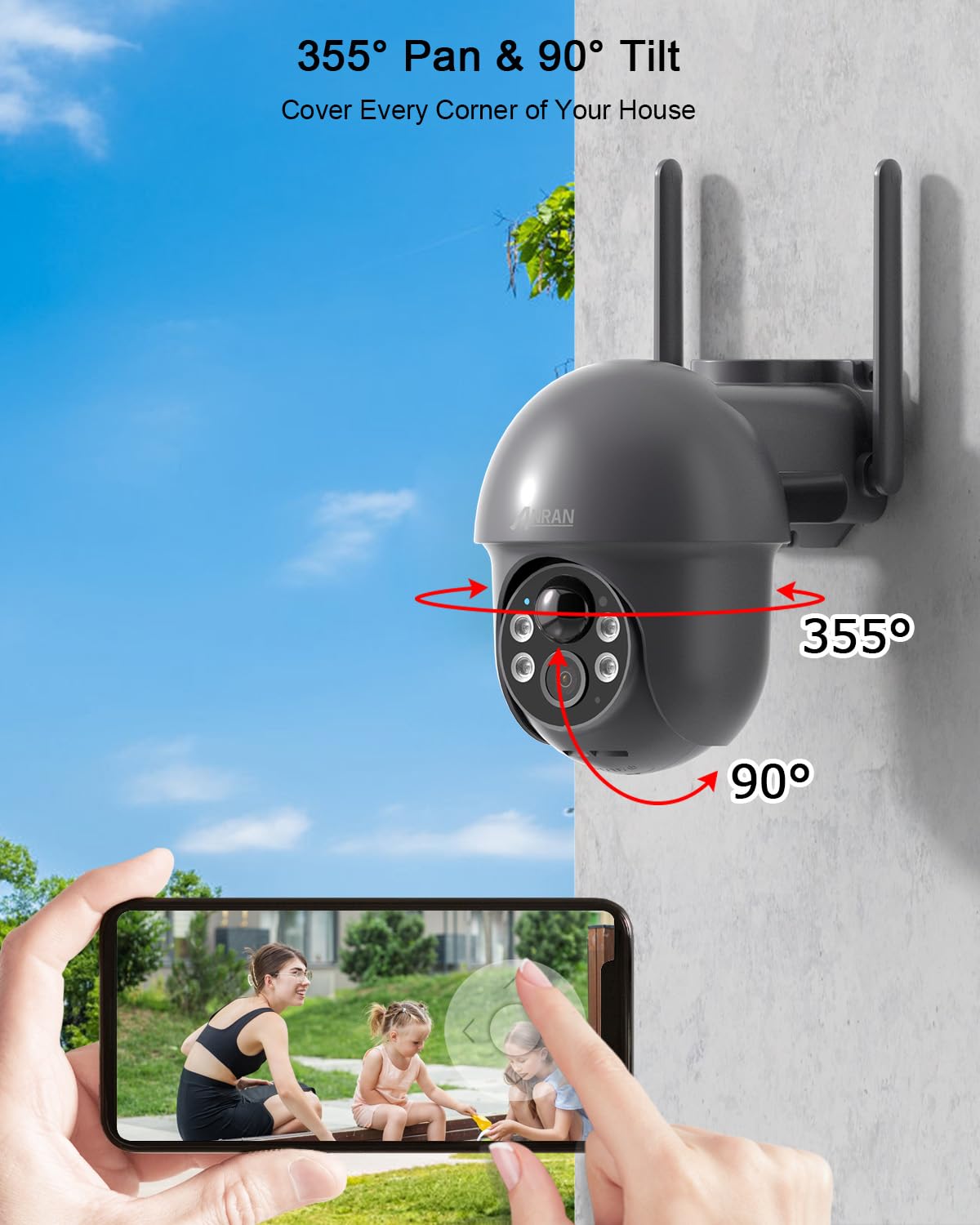 ANRAN Security Camera Wireless Outdoor with 360° View, 2K Solar Outdoor Camera with Smart Siren, Spotlights, Color Night Vision, PIR Human Detection, Pan Tilt Control, 2-Way Talk, IP65, Q1 Grey