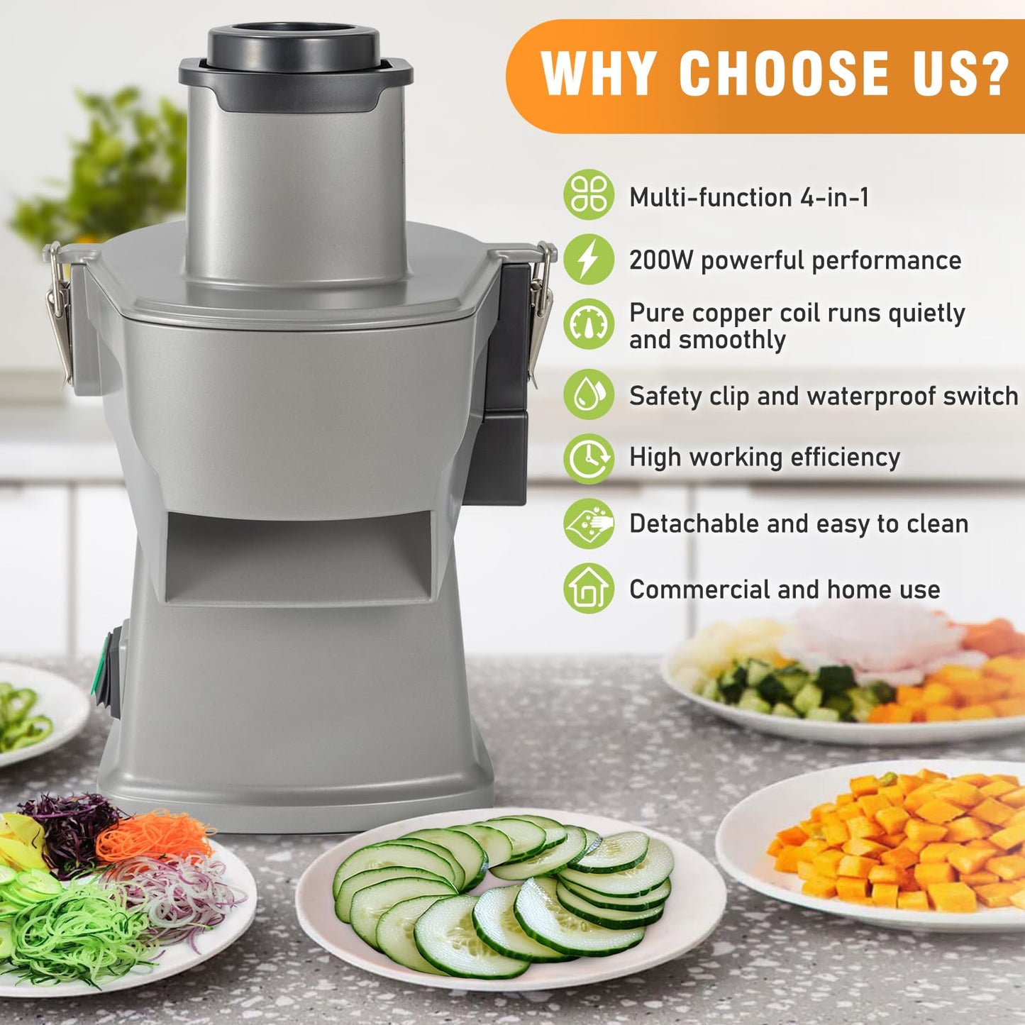 4 in 1 Electric Vegetable Chopper Adjustable Thickness Mandoline Slicer＆Dicer Suitable for Shredding Onions can be French Fry Cutter Veggie Processor with Multi Stainless Steels Blades 110V