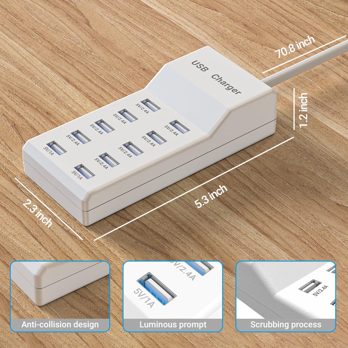 Estación de carga WUCOHATI: concentrador de carga USB de 10 puertos, cargador multipuerto inteligente, cable de extensión de 70,8 pulgadas, compatible con diversos dispositivos, como teléfonos, cámaras, auriculares Bluetooth, tabletas, etc. (1 unidad)
