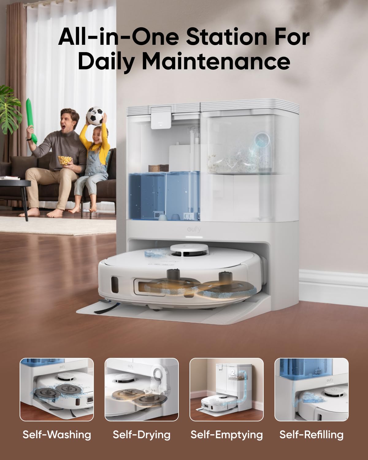 eufy X10 Pro Omni Robot Vacuum and Mop Combo, 8,000 Pa Suction, Dual Mops with 12 mm Auto-Lift and Carpet Detection, AI Obstacle Avoidance, Auto Mop Washing, Auto Drying, Self-Emptying, White