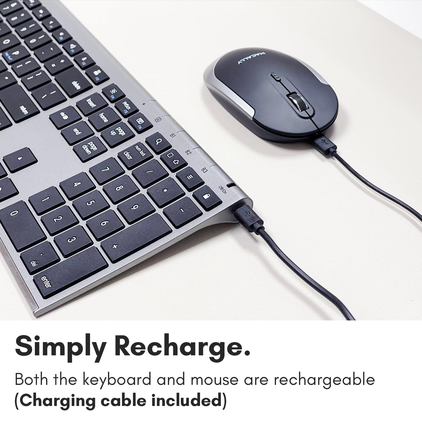 Teclado y ratón Bluetooth premium Macally para Mac | Combo de teclado y ratón inalámbricos compatibles con Apple (110 teclas, recargables para múltiples dispositivos) para MacBook Pro/Air e iMac - Gris espacial