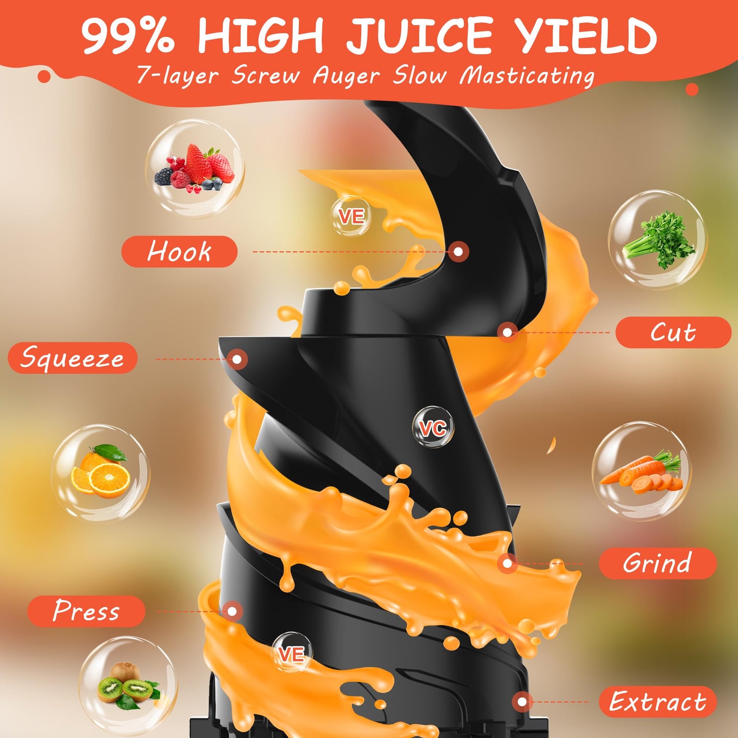 Hobsir Juicer Machines, 5.3-Inch Cold Press Juicer, Masticating Slow Juicer Machines with 300W, Large Feed Chute Juice Machines for Vegetables and Fruits, Easy to Clean Juicers, High Juice Yield Black