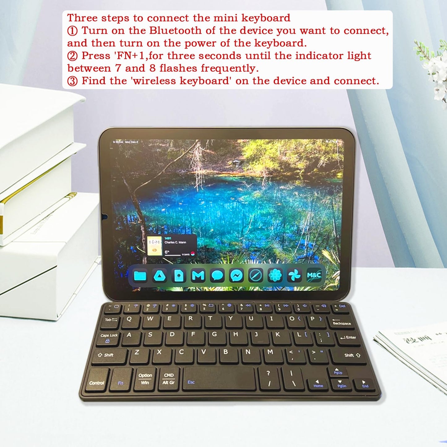 Teclado inalámbrico portátil ultraligero Luntak, miniteclado Bluetooth delgado multidispositivo con soporte angular y funda de cuero, teclado de viaje plegable recargable para iPad/PC/Android/Windows/iOS (negro)