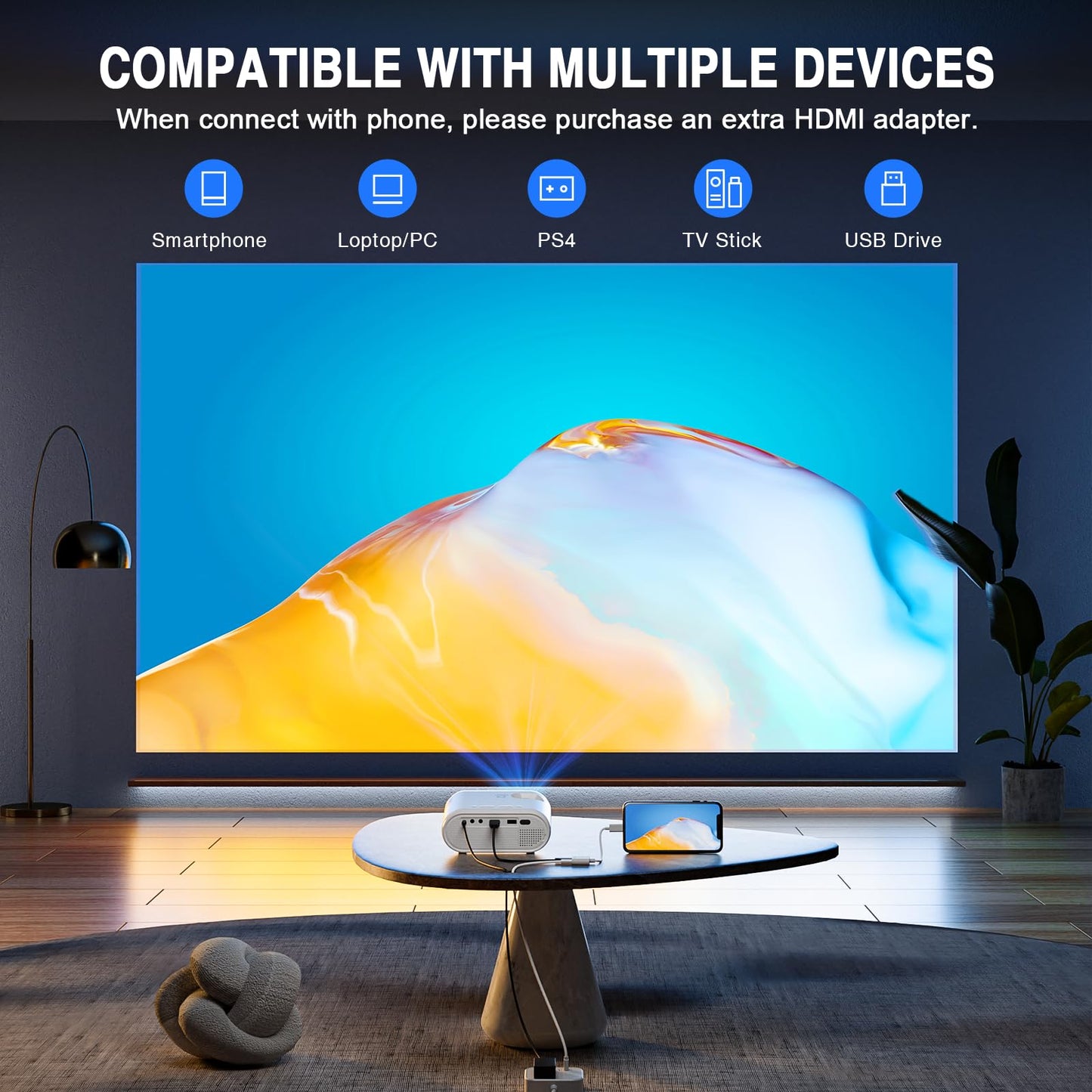Miniproyector VISSPL Full HD 1080P, portátil para exteriores con trípode, ideal para niños, compatible con Android, iOS, Windows, TV Stick, HDMI y USB.
