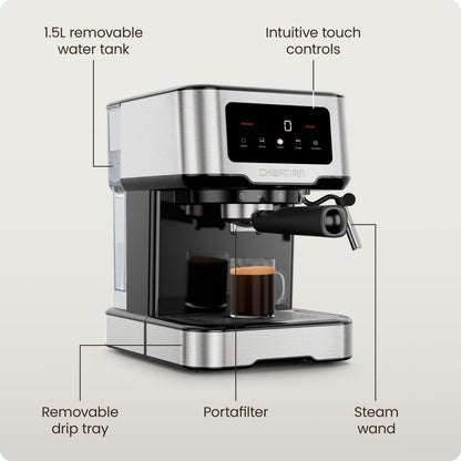 Cafetera digital Chefman CraftBrew de 15 bares con bomba y vaporizador para latte y capuchino, compacta, con depósito de agua extraíble de 1,8 l, de acero inoxidable.