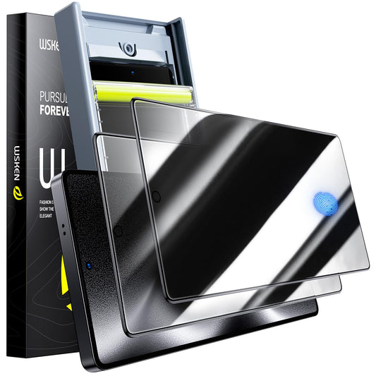 Protector de pantalla WSKEN para Samsung Galaxy S25 Ultra Privacy - [Antiespía de 24°] [Desbloqueo de huella dactilar de 0.02 s] [Eliminación automática de polvo] [Sin burbujas] Vidrio templado 9H+ de alta durabilidad, compatible con fundas, paquete de 2