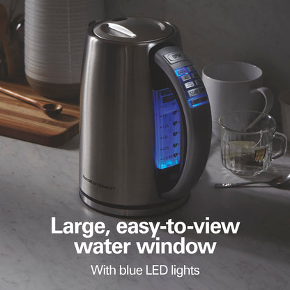 Hervidor eléctrico Hamilton Beach de 1,7 litros con control de temperatura, calentador de agua, rápido, 1500 vatios, sin BPA, inalámbrico, apagado automático y protección contra ebullición en seco, acero inoxidable (41020R)